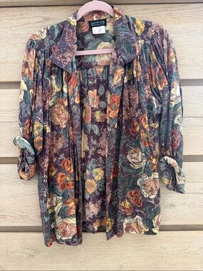 Vintage Carole Little Burgundy Floral Button-Front Blouse